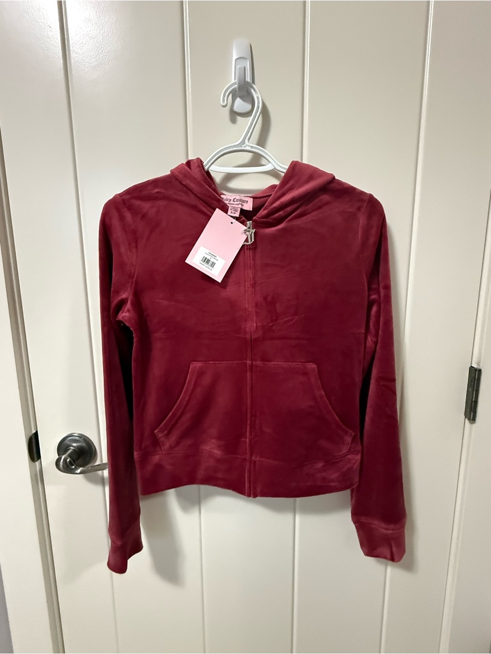 Juicy Couture Maroon Velour Zip-Up Hoodie with Hood and Signature “J” Zipper NWT